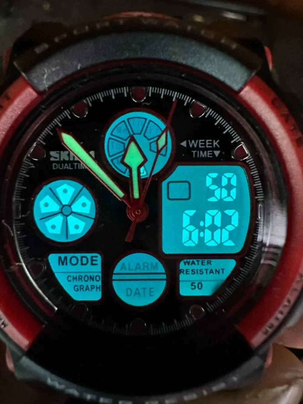 Skmei Digital Watch Men Black Red Round 44MM Backlight New Battery
